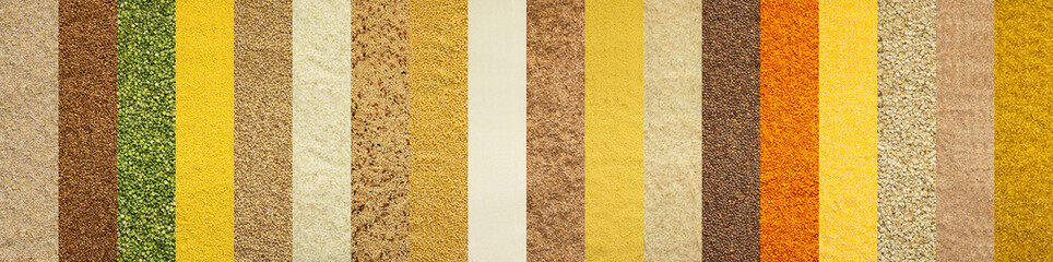 Various grain cereals banner, top view, wheat and oats, rice and peas, lentils and couscous and others
