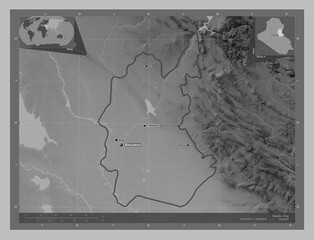 Diyala, Iraq. Grayscale. Labelled points of cities