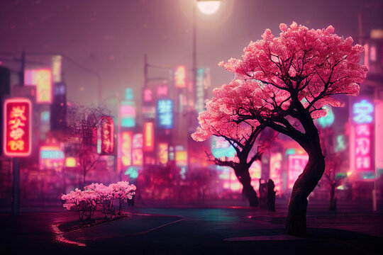 Fantasy Japanese night view city citycape, neon light, residential skyscraper buildings, pink cherry sakura tree. Night urban anime fantasy.