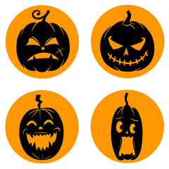 Set of black pumpkin vector illustrations with various facial expressions for Halloween celebration, on orange circle background eps format format