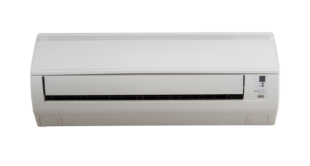 Office home air conditioner for cooling in the heat, wall-mounted split system with the ability to supply heat in the cold isolated on a white transparent background.