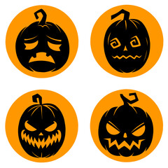 Set of black pumpkin vector illustrations with various facial expressions for Halloween celebration, on orange circle background eps format format