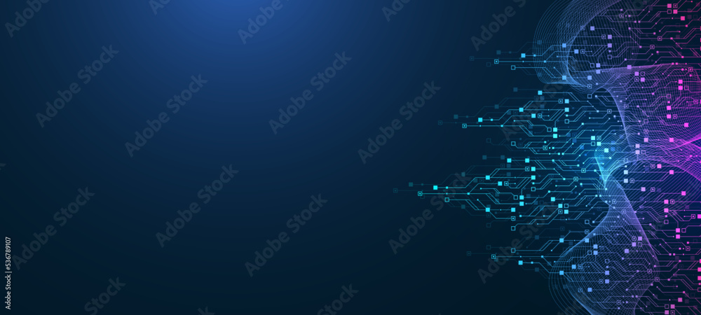 Fototapete Quantum computer technologies concept. Futuristic blue circuit board background vector. Modern technology circuit board texture background design. Waves flow. Quantum explosion technology.