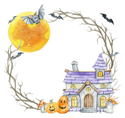 House, bat, pumpkins,branches, frame. Watercolor clipart, in cartoon style. but an isolated background.