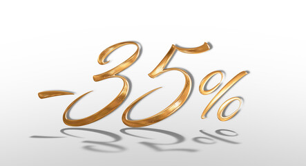 3d illustration Realistic golden text 35 percent discount number.