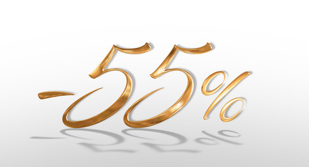 3d illustration Realistic golden text 55 percent discount number.