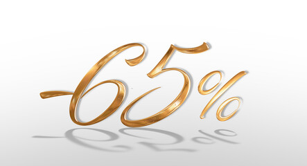 3d illustration Realistic golden text 65 percent discount number.