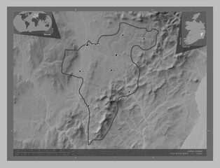 Carlow, Ireland. Grayscale. Labelled points of cities