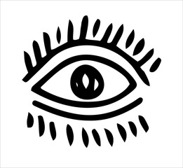 An eye with eyelashes. Logo, clipart, sketch, icon, template. Vector image isolated on a white background. Hand-drawn illustration.