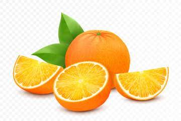 Fresh orange fruits, juicy orange with leaves, half, slice, and whole fruit, isolated on white background. Realistic 3d vector illustration