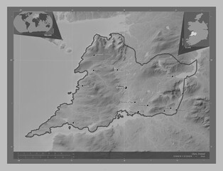Clare, Ireland. Grayscale. Labelled points of cities
