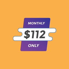 112 dollar price tag. Price $112 USD dollar only Sticker sale promotion Design. shop now button for Business or shopping promotion
