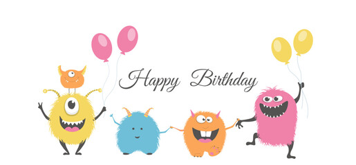 Group of cute colorful monsters. A child's picture. Greeting card. Vector illustration.