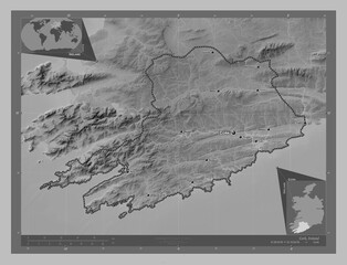 Cork, Ireland. Grayscale. Labelled points of cities