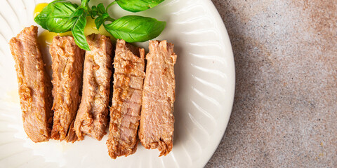 tuna slice fish canned in oil seafood healthy meal food snack on the table copy space food background 