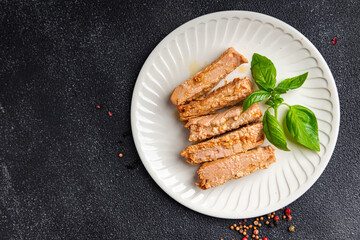 tuna slice fish canned in oil seafood healthy meal food snack on the table copy space food background 