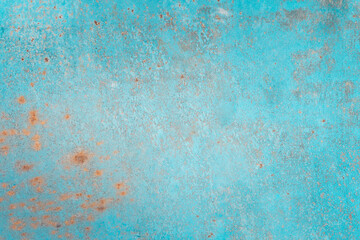 Fototapeta na wymiar Turquoise surface. Rusted texture. Metal corrosion. Grunge old metallic background with orange damages copy space for text logo.