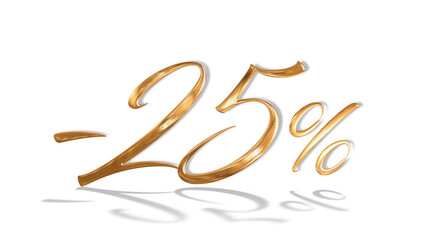 3d illustration Realistic golden text 25 percent discount number png