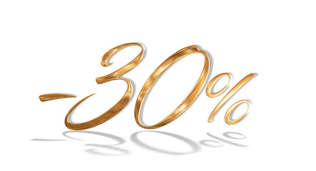 3d illustration Realistic golden text 30 percent discount number png
