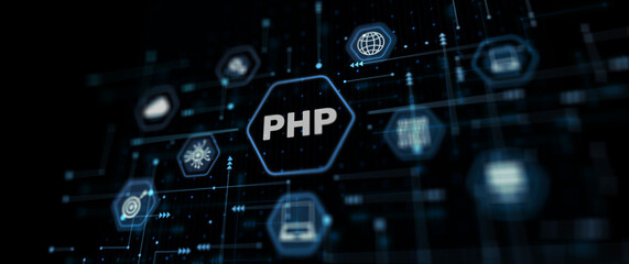 Technical background PHP inscription. Network internet concept