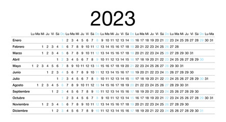 Calendar for 2023 in Spanish. The week starts on Monday. Desktop from 12 months. Single page vector template, linear and horizontal design. Linear planner for the year.