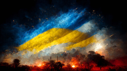 Ukraine flag among the fire bomb and missiles