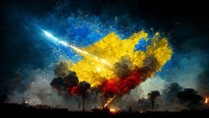 Naklejka premium Ukraine flag among the fire bomb and missiles