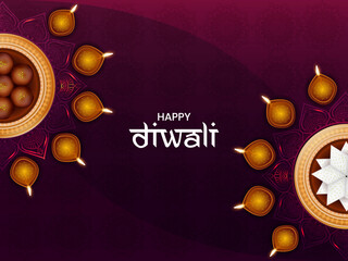 Vector illustration of realistic sweets and illuminated oil lamps (Diya) for great Indian festival celebration Happy Diwali.
