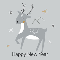 Happy New Year Illustration. Vector trendy illustrations of holiday card with deer, snow, lettering.