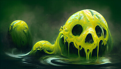 Creepy slime in the shape of a skull in poison. Halloween banner.