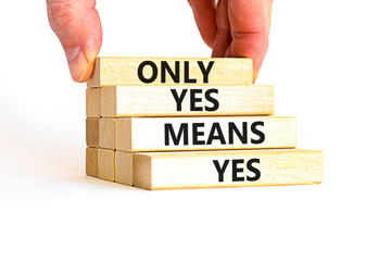 Only yes means yes symbol. Concept words Only yes means yes on wooden blocks on a beautiful white table white background. Businessman hand. Business, psychological only yes means yes concept.