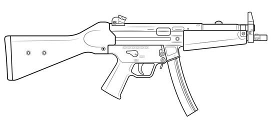 Vector illustration od the MP5 machine gun with stock on the white background. Right side. - obrazy, fototapety, plakaty