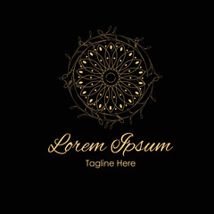 Decorative elegant floral circle badge logo vector illustration with dummy text on dark background.	