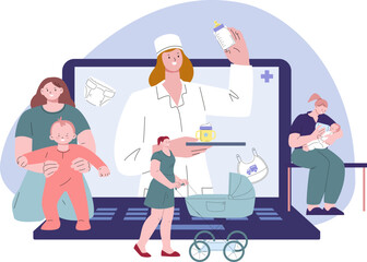 Young mother online school. Nurse or pediatric talk about infant feeding. Pediatrician, newborn healthcare web consulting. Telemedicine for mothers vector concept