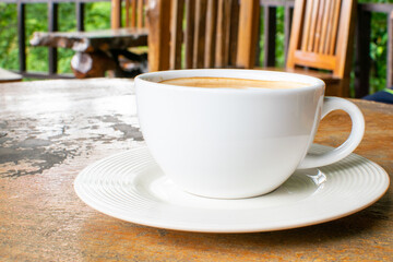 Coffee Cup on Table Against Landscape Scenery Mountain Hill Background