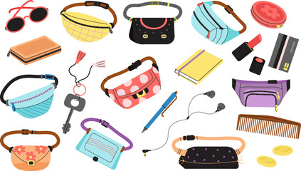 Belt bags and girl accessories. Handbag purse fashion models, isolated lipstick, money and keys. Trendy style notebook, active person lifestyle decent vector elements