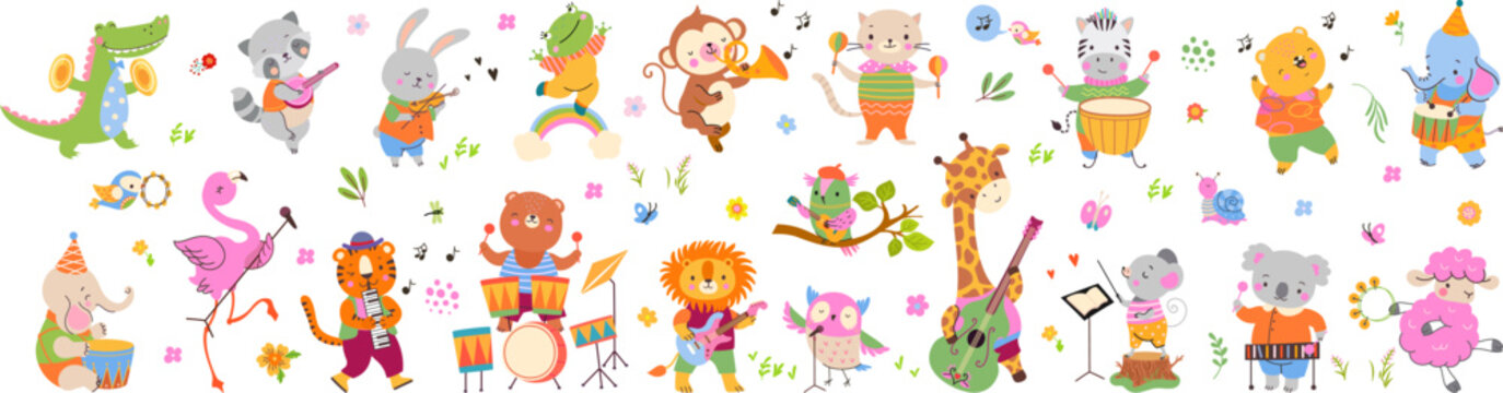 Musical dancing animals, celebration concert. Cartoon animal play musical instruments. Music giraffe, lion, hippo and elephant. Childish nowaday vector collection