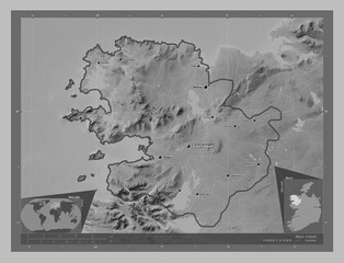 Mayo, Ireland. Grayscale. Labelled points of cities