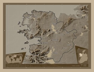 Mayo, Ireland. Sepia. Labelled points of cities