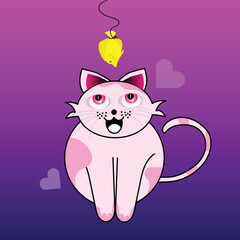 Cute cat looking to it's food. Fish trap for cat on it's face, funny cat cartoon vector illustration.