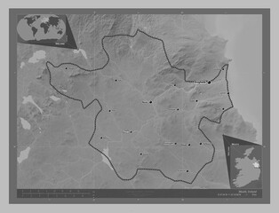 Meath, Ireland. Grayscale. Labelled points of cities