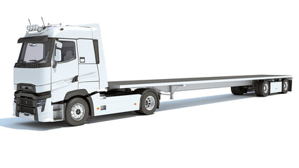 Truck with Flatbed Trailer 3D rendering on white background