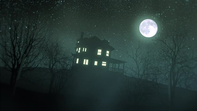Scary background. Creepy Halloween Night. An old abandoned house against a dramatic sky with a full moon and flying black birds
