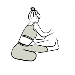 the girl is doing yoga. back exercise. workout. stretching. black and white outline illustration. sport woman. trainer. Instructor. fitness. outline