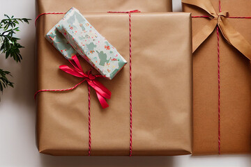Close-Up of a Christmas gift box on white background with colored paper design.