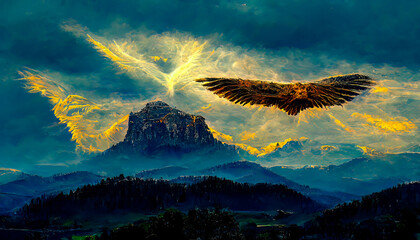 Naklejka na ściany i meble The eagle flying in the mountains. Illustration for books, cartoons and printing products.