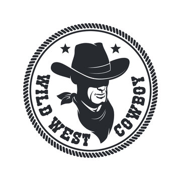 Wild west cowboy logo. Western retro badge with cowboy in hat.