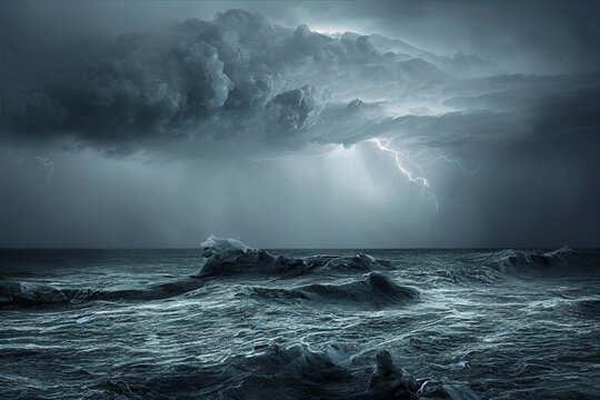 Ocean storm with thunder and waves