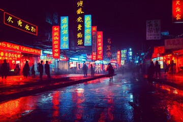 Tokyo wet streets at night with neon lights