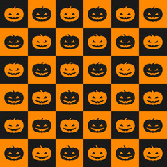 Black and orange pumpkin faces. Seamless pattern.